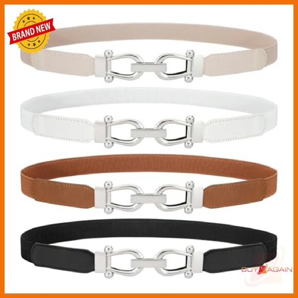 Skinny Elastic Waist Belt Stretchy Thin Gold Buckle for Jeans Dress - Picture 2 of 7